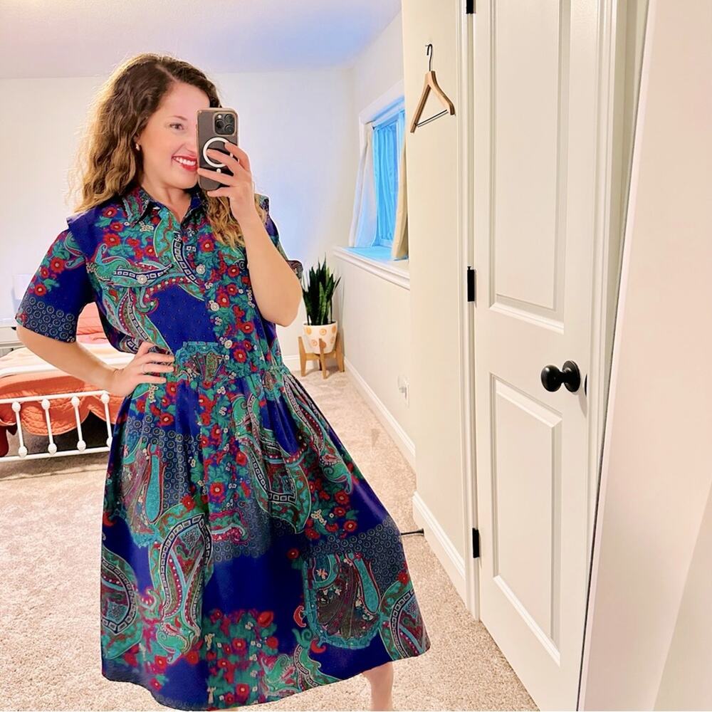 Vintage Leslie Fay Blue Green Paisley Maxi Dress XL